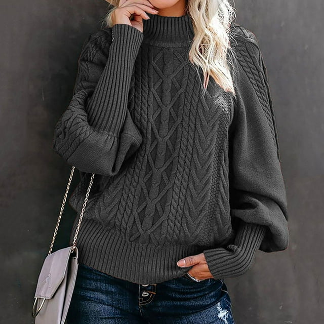 Fartey Sweaters for Women Clearance Oversized Long Sleeve Mock Neck Cable Knit Pullover Sweater Classic Solid Color Fall Sweaters Dark Gray S