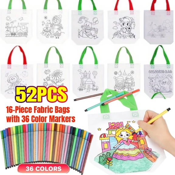 16 Pieces Coloring Goodies Bags with 36 Makers, Recycle Coloring Gifts Bags Color Your Own Totes, DIY Painting Art Crafts Birthday Party Favors