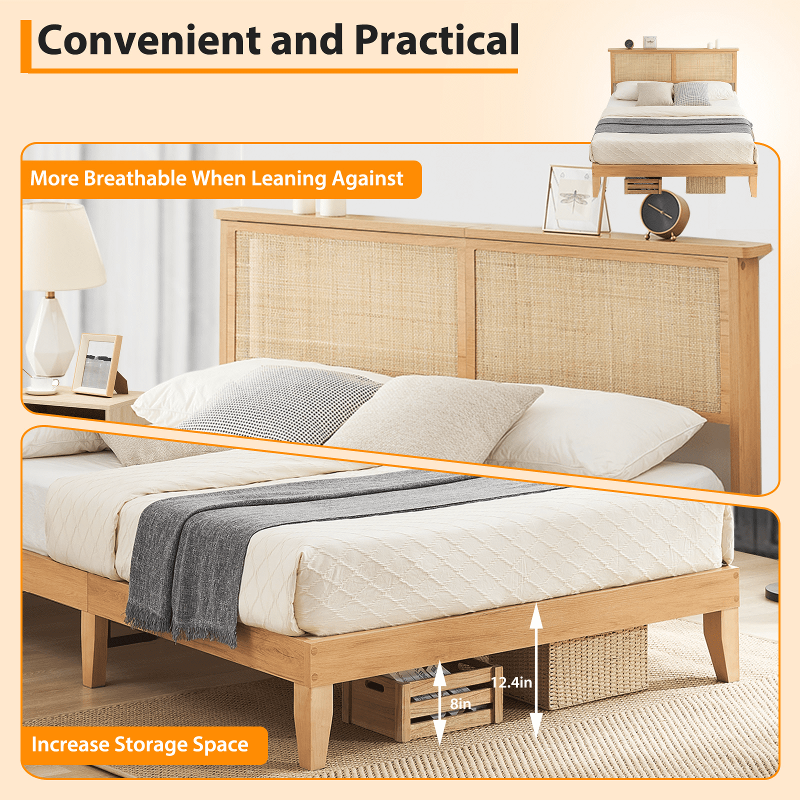 Rattan Queen Bed Frame, Queen Size Bed Frame with Natural Rattan Headboard, Platform Bed Frame with LED Lights, Under Bed Storage and Wooden Legs Support, Noise-Free, No Box Spring Needed