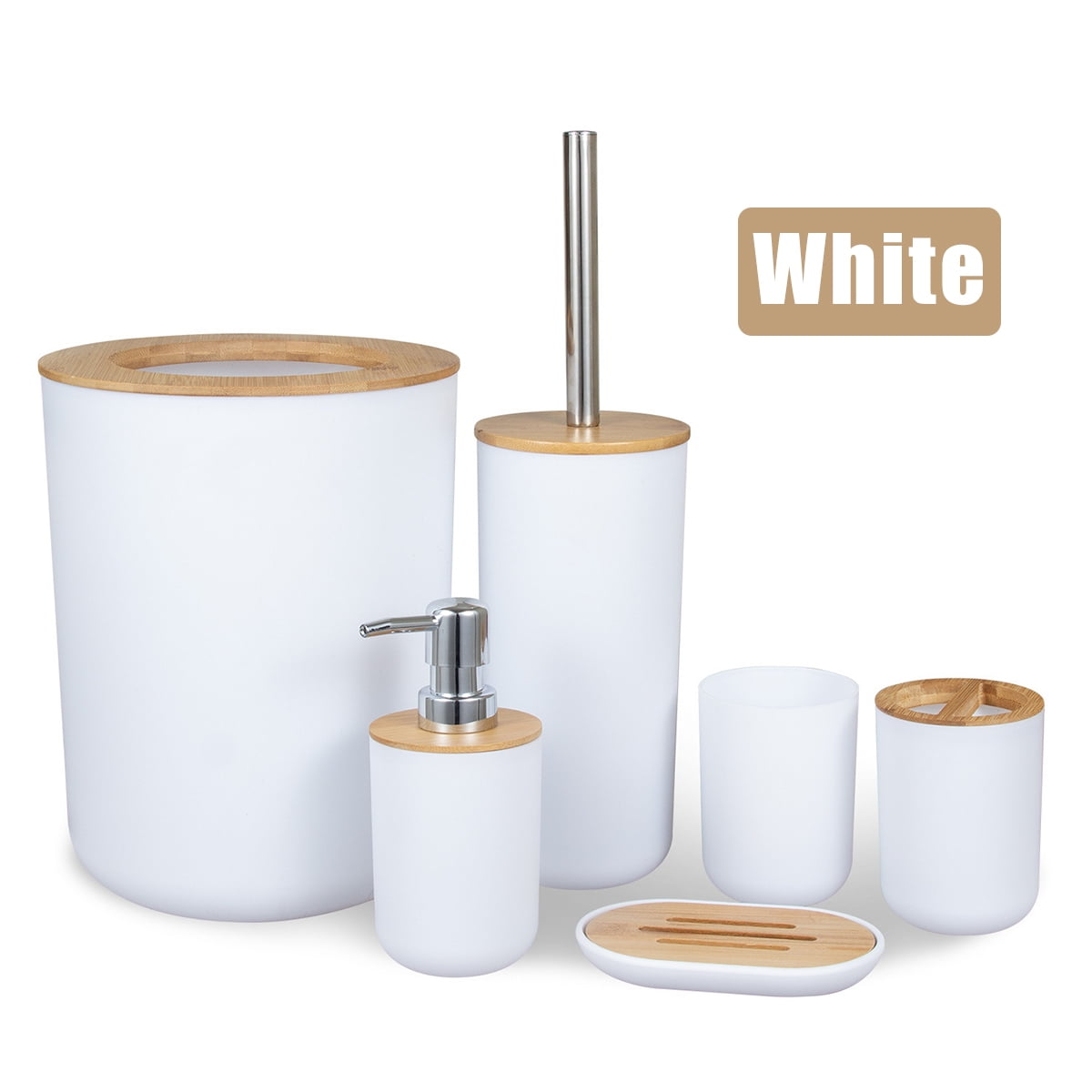 6 Piece Plastic Bathroom Accessory Set,PP Plastic & Bamboo Material