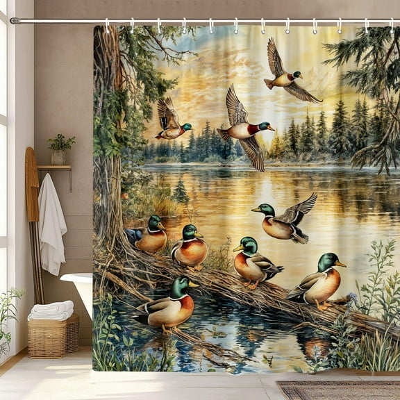 Rustic Duck Shower Curtain Country Outdoor Cabin Lodge Wildlife Hunting Shower Curtains Set for Bathroom Farmhouse Decorative with Hooks Natural Lake Scenery Camper Curtain-72"W x 72"L (Pack of 1)