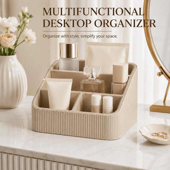 VALUNE Beige 4 Compartments PU Leather Remote Control Holder, Multifunctional Stylish Small Nightstand Desktop Organizers, Home Desk Accessories Office Supplies