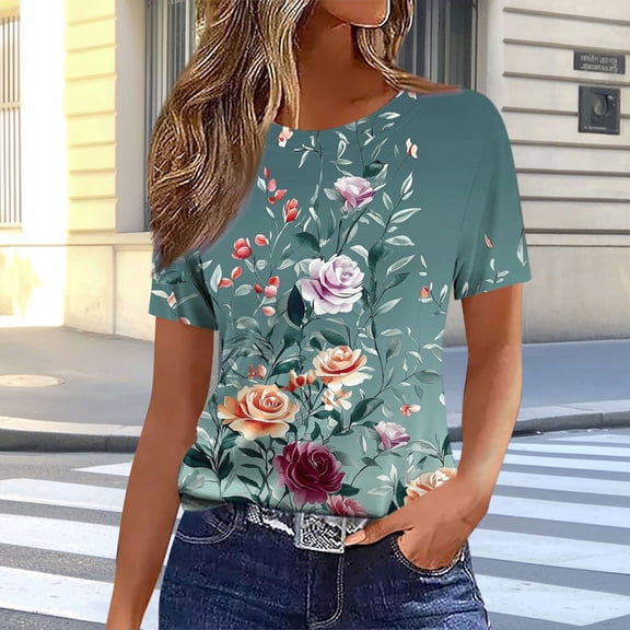 Ichuanyi Women's Casual Pattern Floral Printed Shirt Loose Short Sleeved T-Shirt Classic Round Neck Top