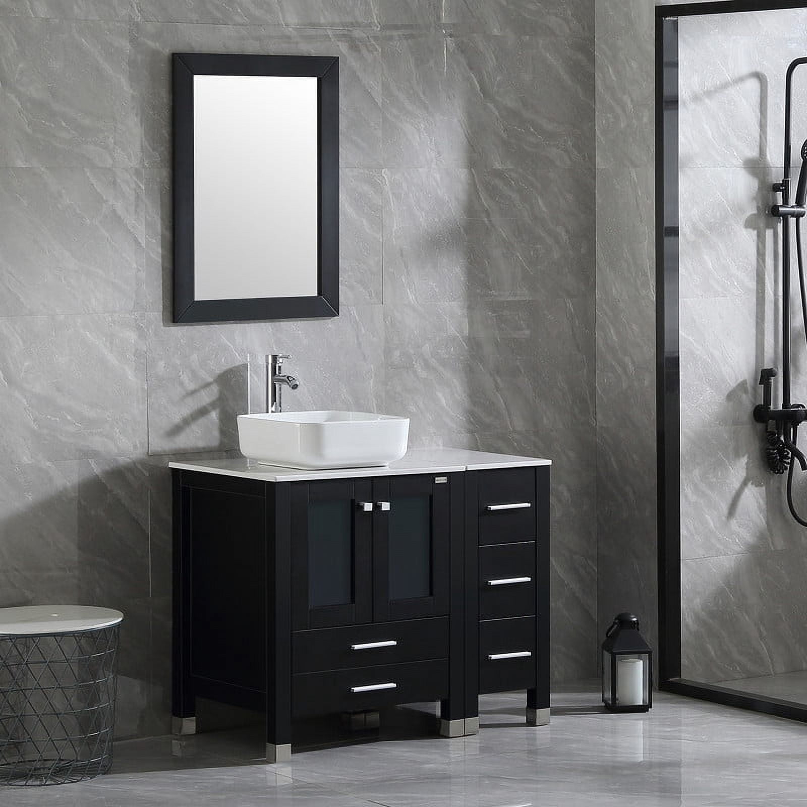 Walsport 36” Black Bathroom Vanity and Sink Combo Wood Cabinet Top Square Ceramic Vessel Sink Faucet Drain Combo with Mirror Vanities Set,Black