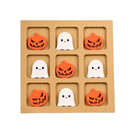 Halloween Wooden Tic Tac Toe Board Decor Tabletop Block Set with Pumpkin and Ghost Pieces Seasonal Square Display Sign