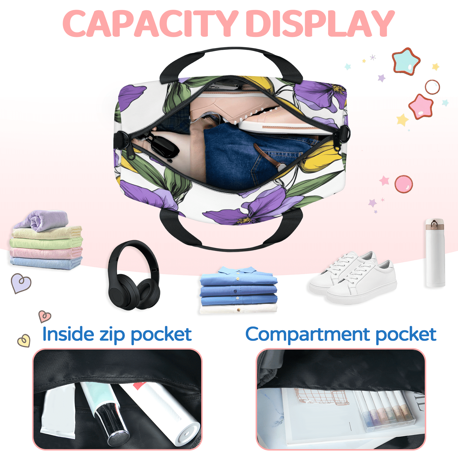 Herdesigns Floral Travel Duffle Bag Sports Yoga Weekender Overnight Carry on Workout Bags Lightweight Waterproof Gym Tote Bag for Women Colorful Floral
