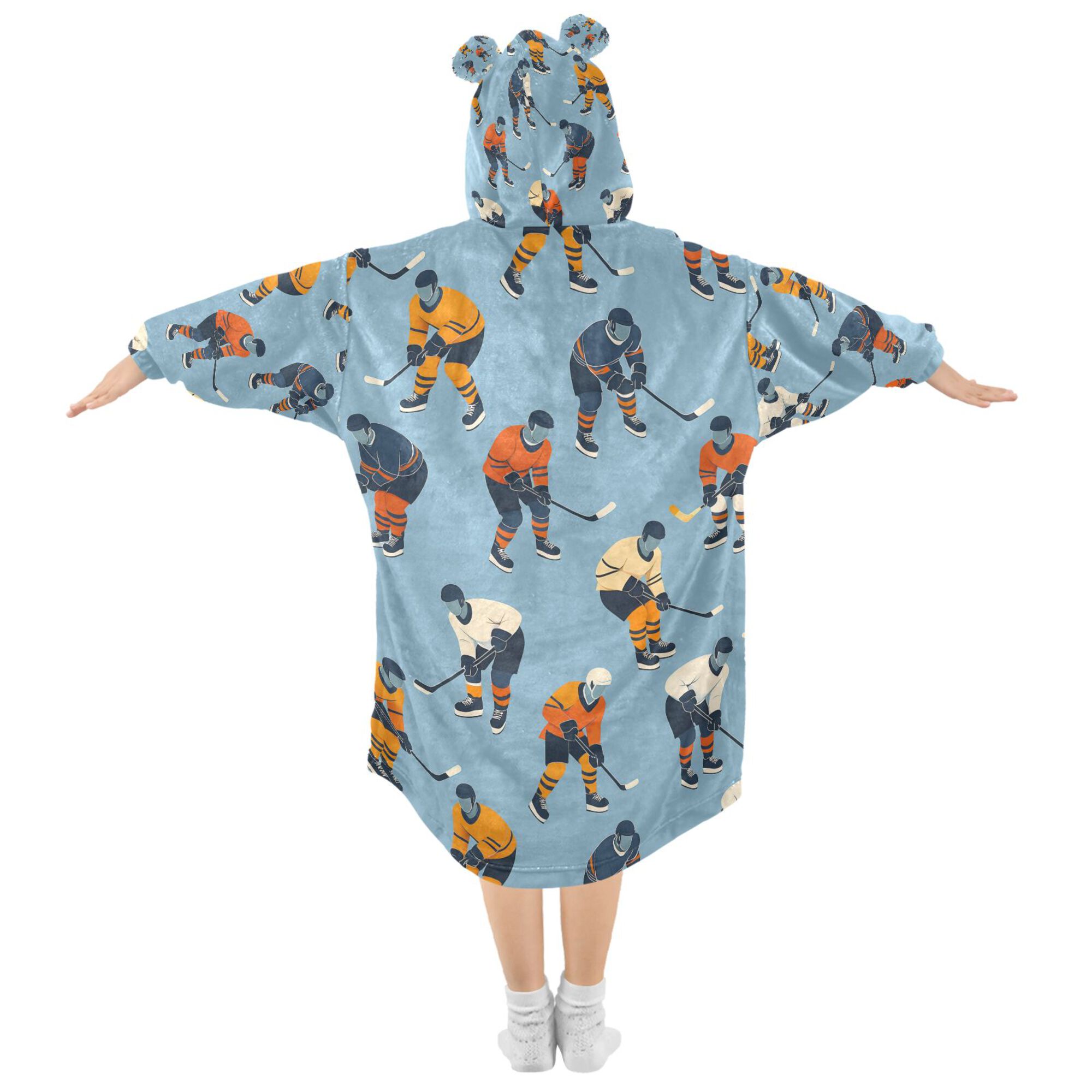 FORMRS Wearable Blanket Hoodie with Sleeves for Kids Cozy Flannel Sweatshirt, Blue Hockey Pattern