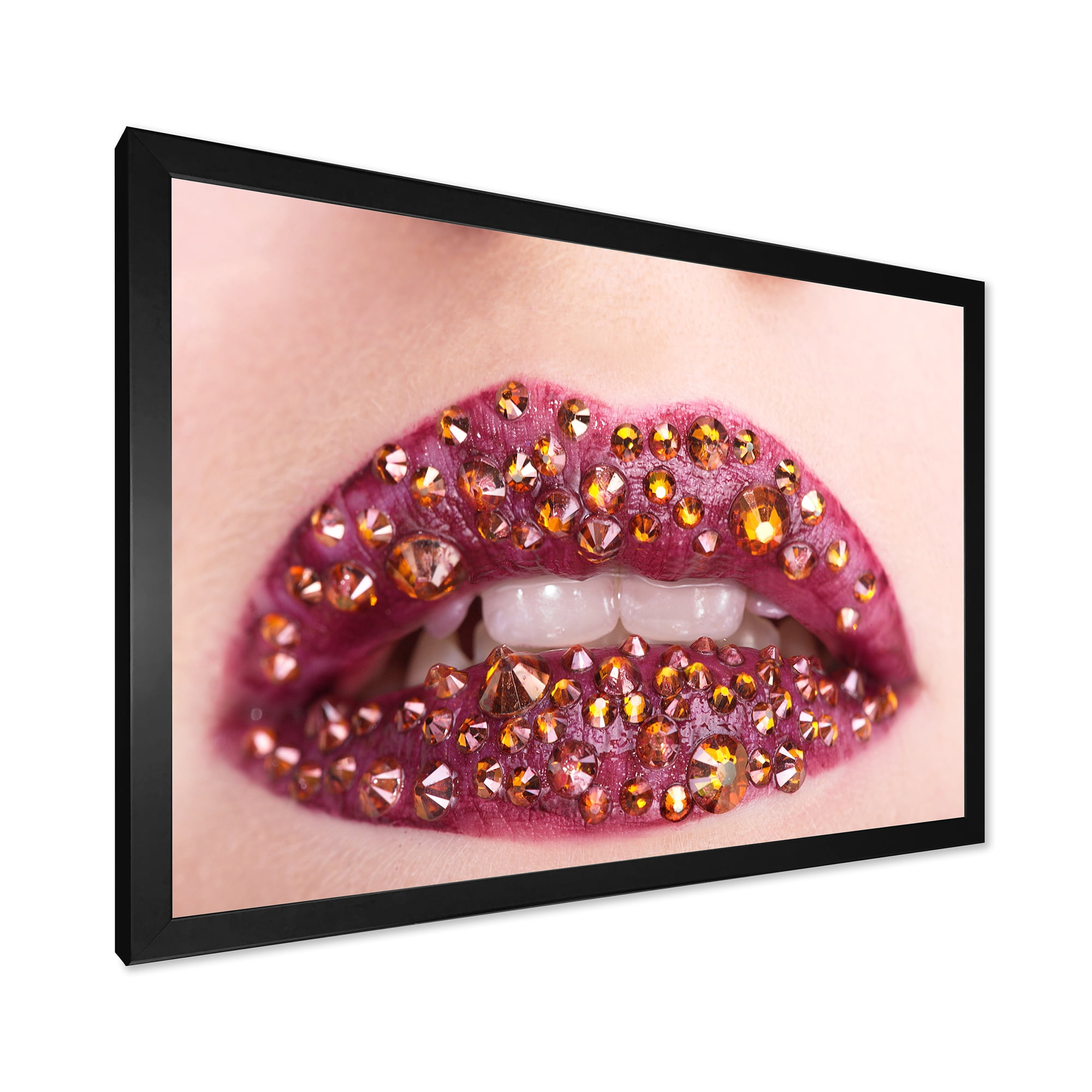 Designart 'Close-Up Of Girl Lips With Sequins' Modern Framed Art Print