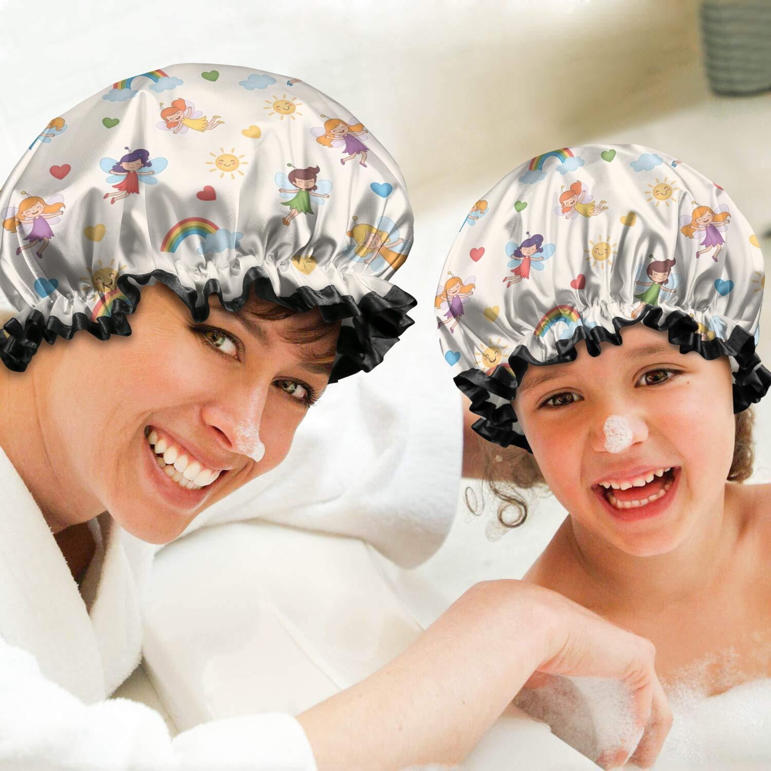 Shower Caps,Pastel Fairy Rainbow Pattern Waterproof Shower Cap for Women 4 Pieces,Double Reusable Hair Cover for Shower PEVA Elastic Stretch Hem