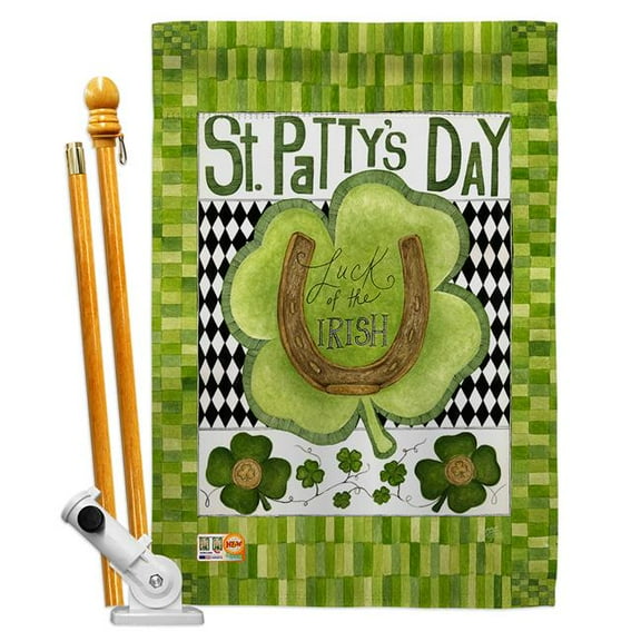 Breeze Decor BD-SA-HS-102053-IP-BO-D-US18-SB 28 x 40 in. Vertical Luck of the Irish Clover Spring St Patrick Impressions Decorative Double Sided House Flag Set with Pole & Bracket Hardware