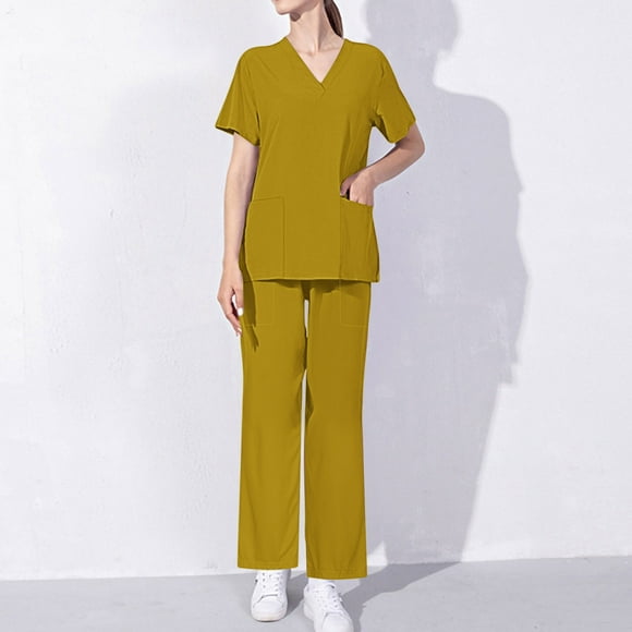 Hanen Basic Scrub Set for Women - Slim V-Neck Scrub Top & Multi Pocket Skinny Cargo Scrub Pants