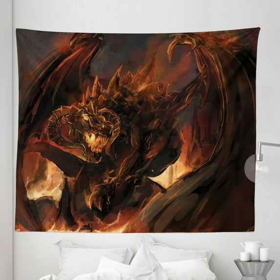 Brown Tapestry, Demonic Angry Molten Dragon with Horns Imaginary Inferno Beast Warm Colored, Fabric Wall Hanging Decor for Bedroom Living Room Dorm, 5 Sizes, Yellow and Brown, by Ambesonne