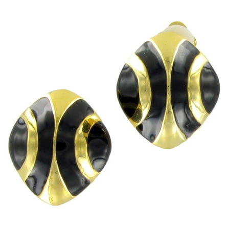 Black Enamel and Gold Tone Curve Clip On Earrings