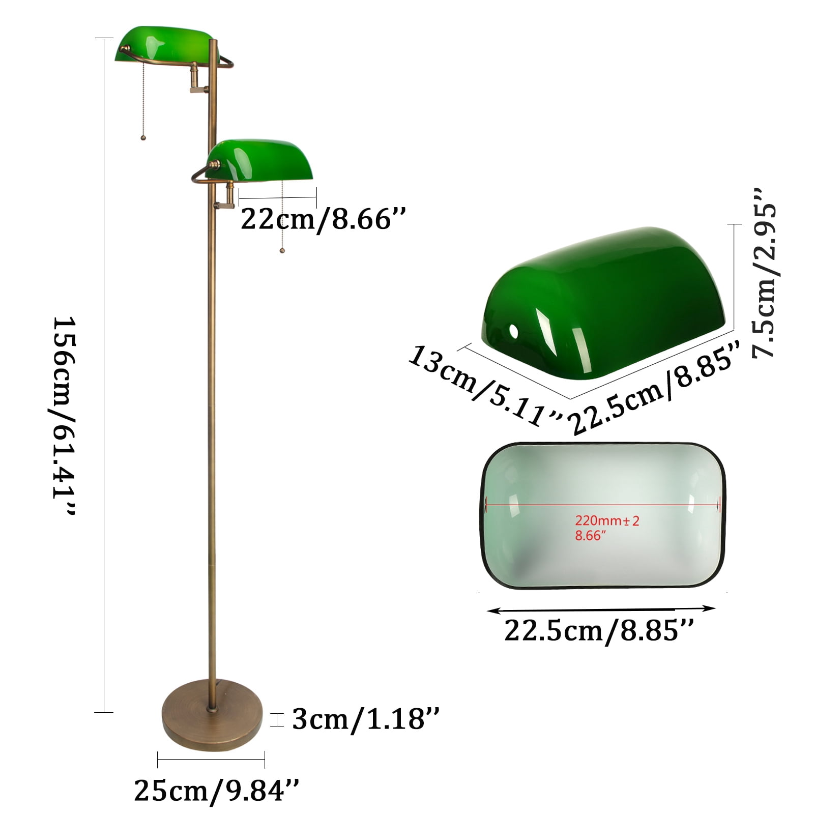 Vintage Green Glass Bankers Floor Lamp with Adjustable Arm & Pull Chain Switch,Satin Brass Finish,Standing Reading Lamp for Bedroom, Office, Living Room(not include bulb)
