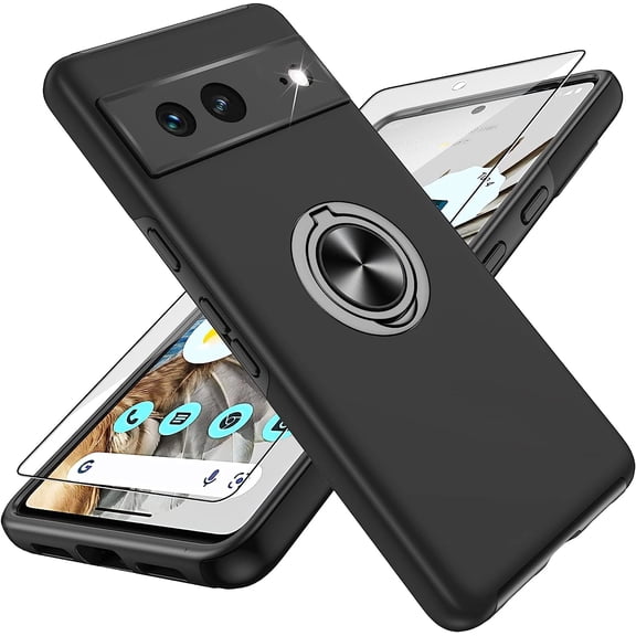 KOMI Pixel 7 Case, Google Pixel 7 Case with HD Screen Protector, Shockproof Google Pixel 7 Phone Case with 360° Magnetic Ring Holder Kickstand Phone Case for Google Pixel 7 Black