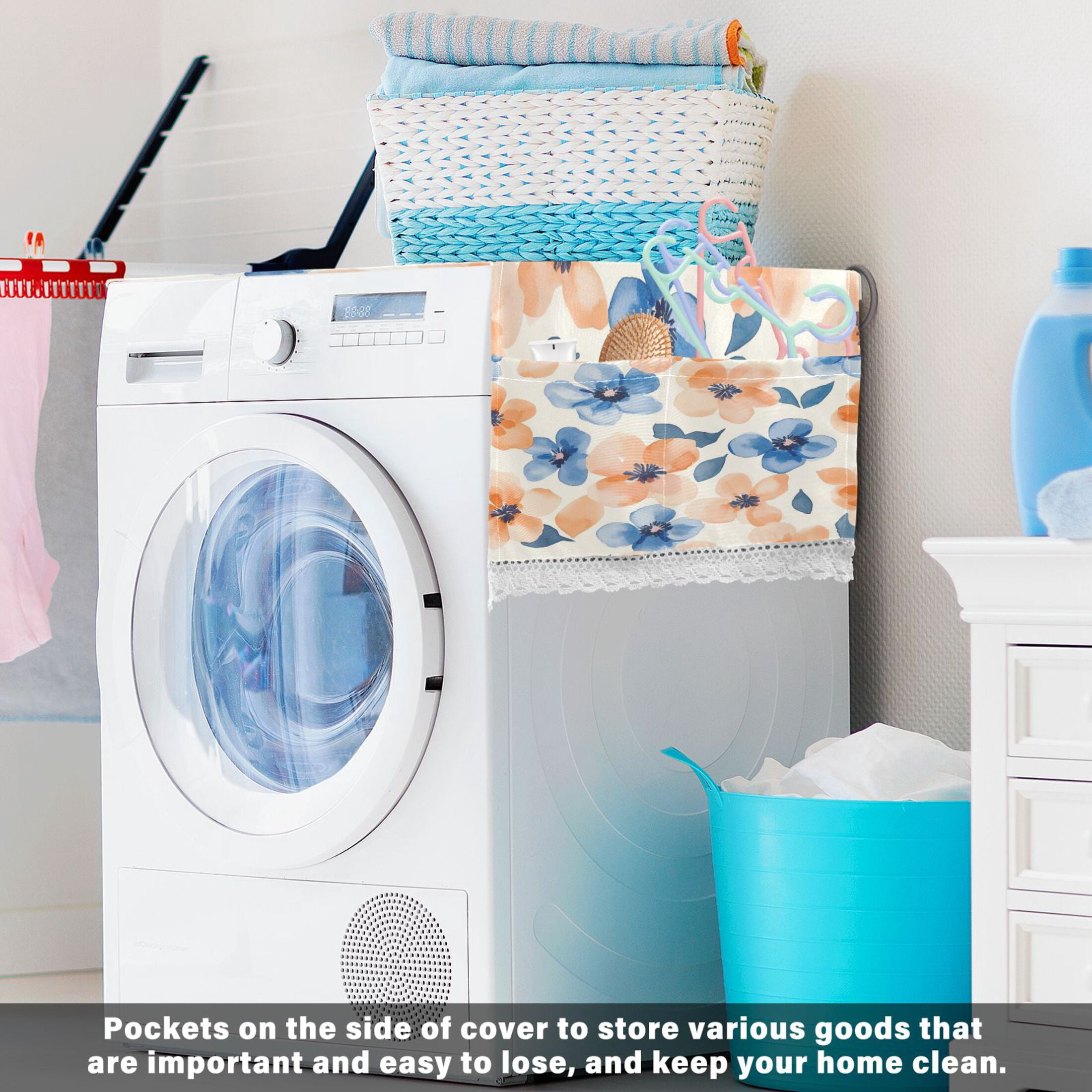 WOBOGO Pastel Peach and Blue Flowers Washing Machine Cloth Dryer Refrigerator Top Cover Protective Non-Slip Mat For Kitchen Laundry