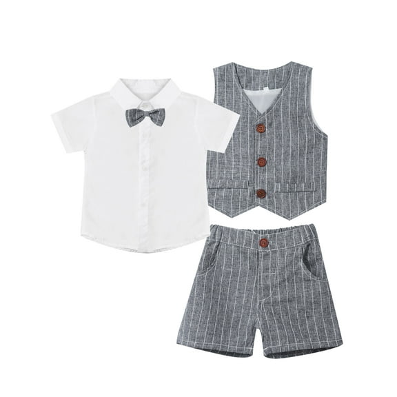 Kaerm 3Pieces Kids Boys Gentleman Outfit Set Short Sleeve Lapel Bow Tie Solid Shirt Vest Clothing Set Gray 80