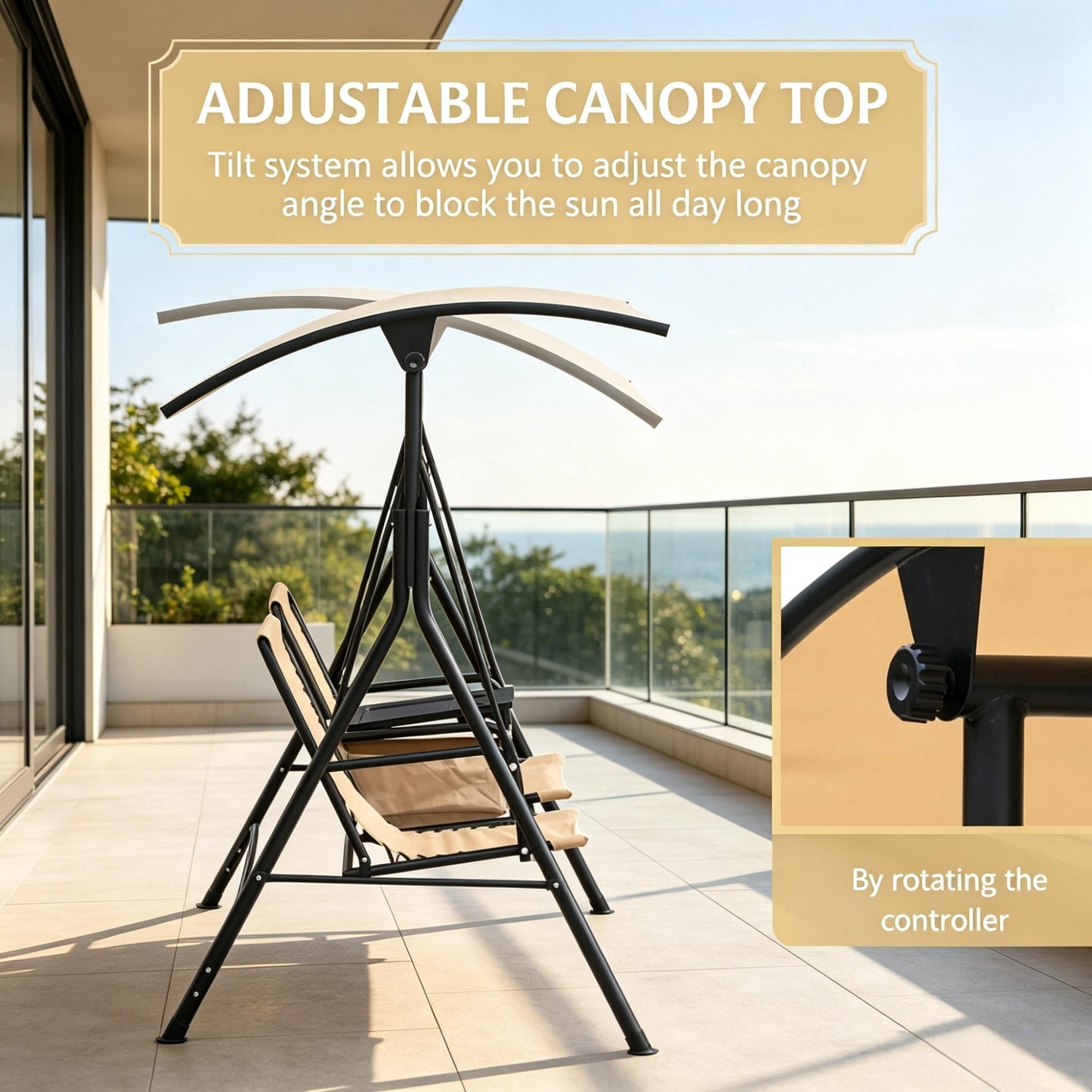 2-Seat Porch Swing with Adjustable Canopy, Built-in Storage Table & Cup Holders for Backyard, Beige