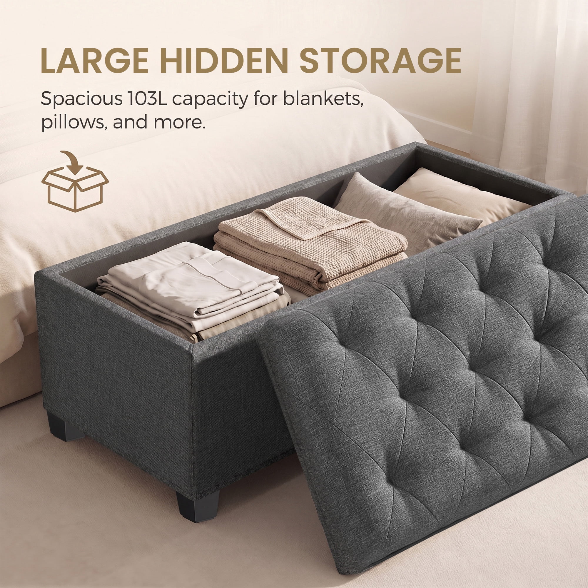 Ledrem Dark Gray Tufted Storage Ottoman Bench, 43" End of Bed Bench with Lift-Off Lid, 660lb Capacity