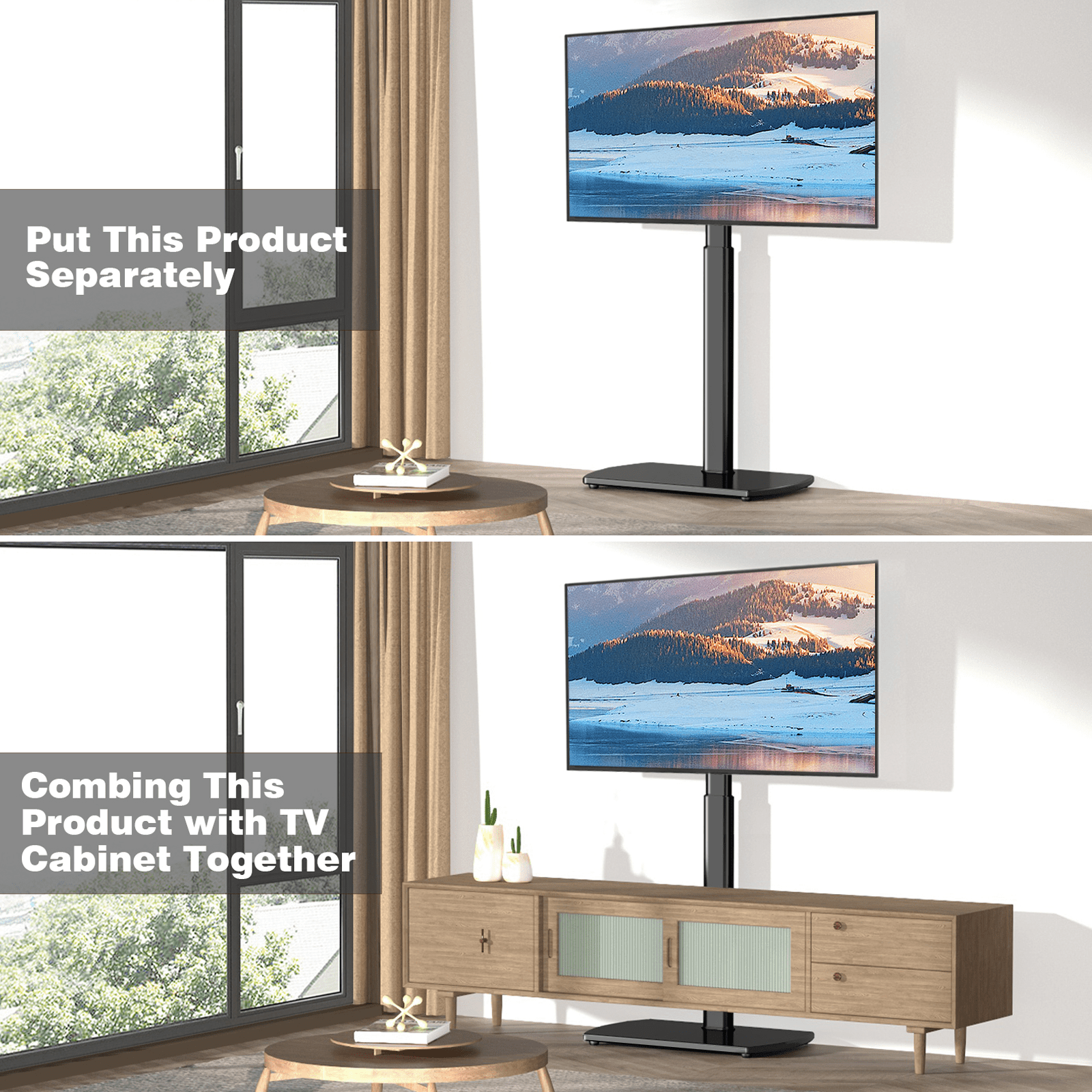 RTVR Black TV Floor Stand with Swivel Mount for 65 inch Flat Screens, Roku TV Stand Legs for Bedroom