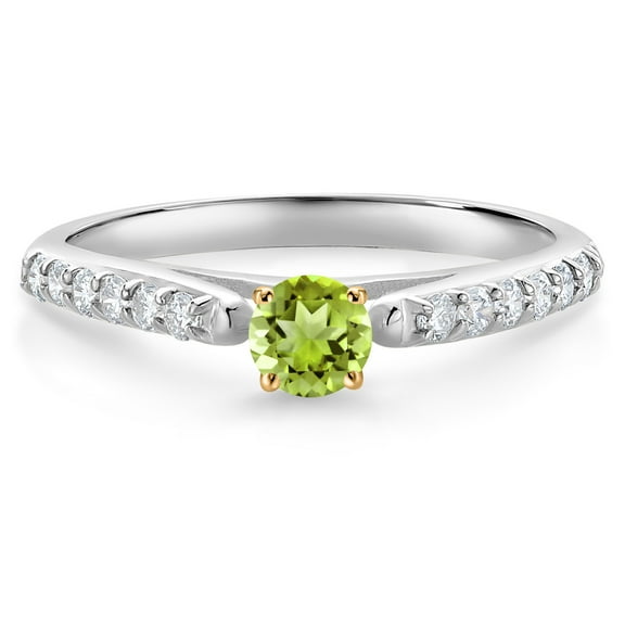 Gem Stone King 10K White and Yellow Gold Green Peridot and White Lab Grown Diamond Engagement Ring for Women (0.39 Cttw, Gemstone August Birthstone, Round 3.5MM, Size 7)