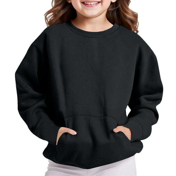 hoksml Toddler Kids Girls Boys Crewneck Sweatshirt Fashion Solid Color Long Sleeve Fleece Pullover Top with Kangaroo Pocket