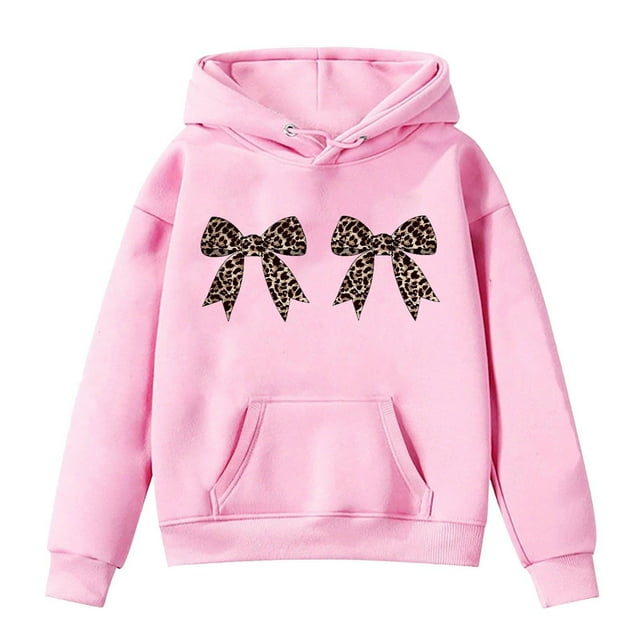 Aocisk Sweat à Capuche Court à Manches Longues et Col Rond Imprimé Nœud pour Filles Rose 4-5 Ans