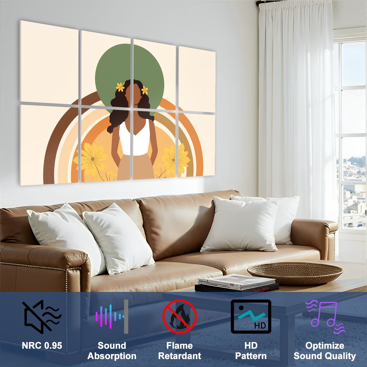 8 Pack Art Acoustic Panels Sound Absorbing Bohemian Floral Woman Nature Decorative Soundproof Wall Panels Self Adhesive for Nursery Game Room Bedroom 48"x32"