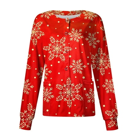 

PURJKPU Women Scrub Jackets Vintage Christmas Snowflake Print Scrub Top O Neck Working Uniform Cute Snap Front Nursing Jackets with Pockets Red 3XL