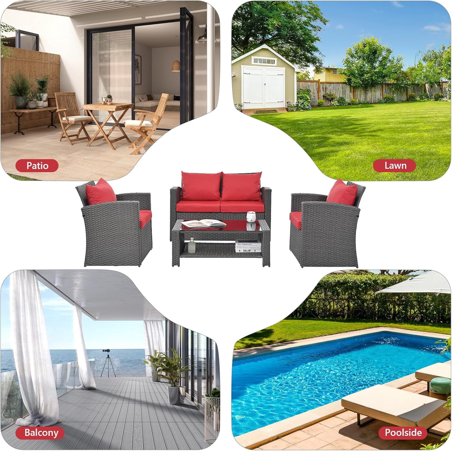 4 Piece Outdoor Patio Furniture Sets All Weather Outdoor Sofa PE Garden Furniture Wicker Rattan Patio Conversation Set with Coffee Table, Red Cushion