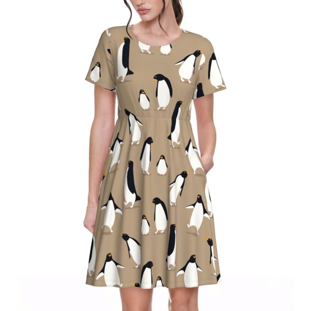 Easygdp Lovely Penguin para Vestido Transpirable de Mujer, Vestido Suelto de Manga Corta con Pliegues y Bolsillos para el Verano