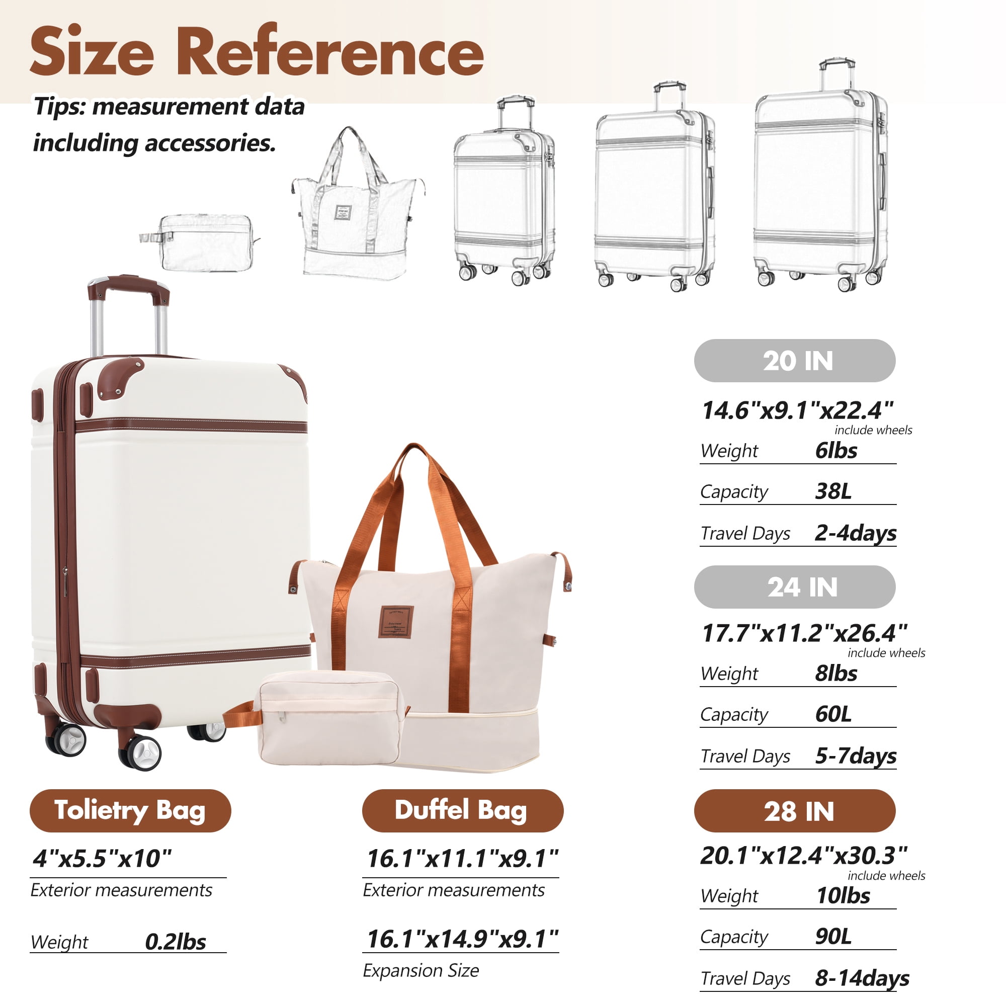 3-Piece Hardshell Luggage Set with Expandable Bag, 24-Inch Checked Suitcase with 360° Spinner Wheels & TSA Lock, Lightweight Travel Set, ,White ,Best Luggage Set