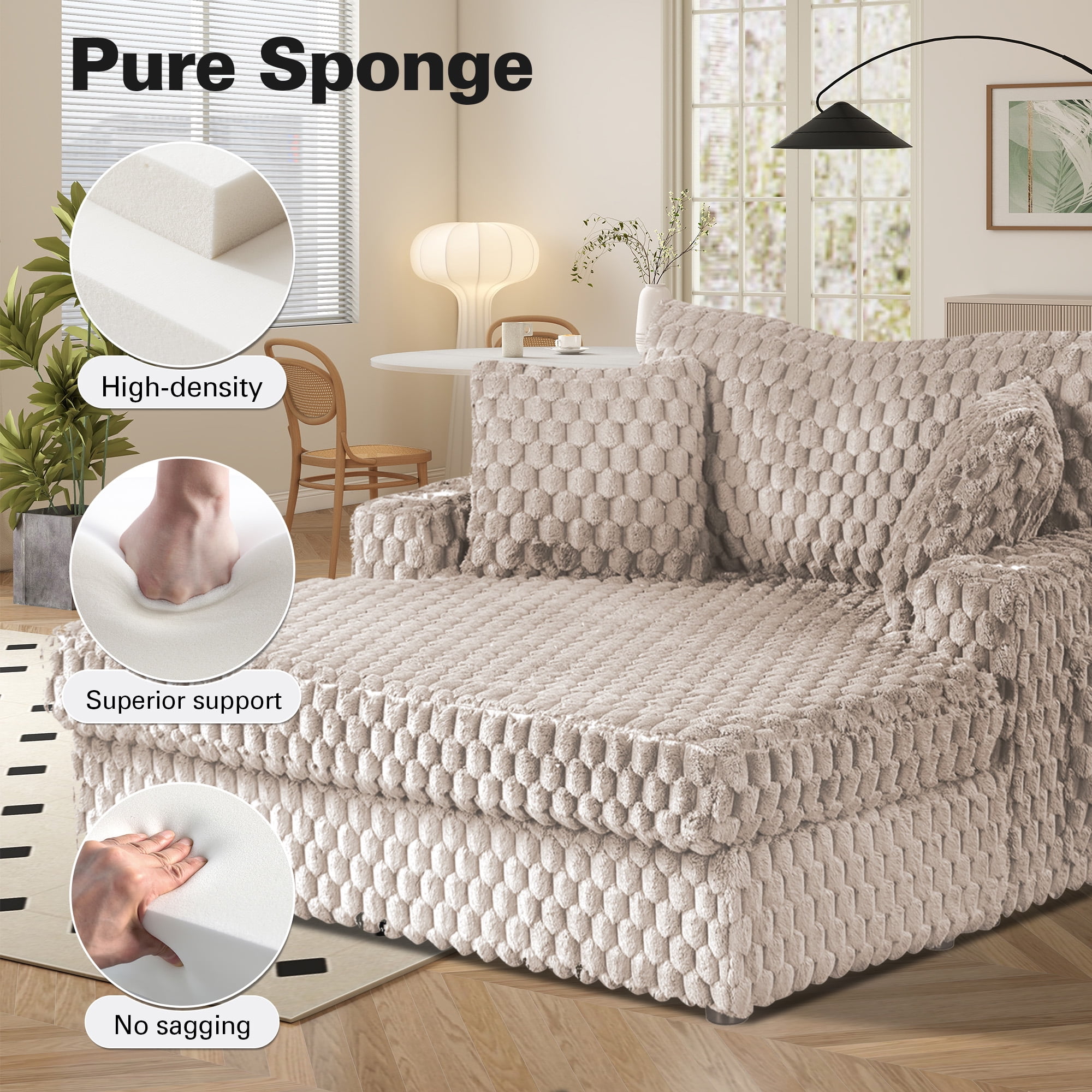 Aukfa 53"W Oversized Chaise Lounge Loveseat Sleeper Sofa with 2 Cup Holders, 3 Pillows, Fluffy Corduroy, Taupe