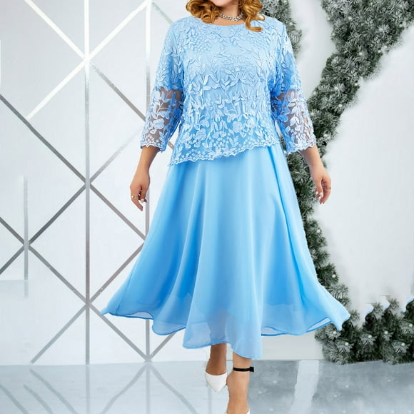 Xuniizn Plus Size Lace Dress for Women 2025, Crew Neck Ruffle 3/4 Sleeve Wedding Guest Dress, Soft Comfy Trendy Elegant Casual Dress