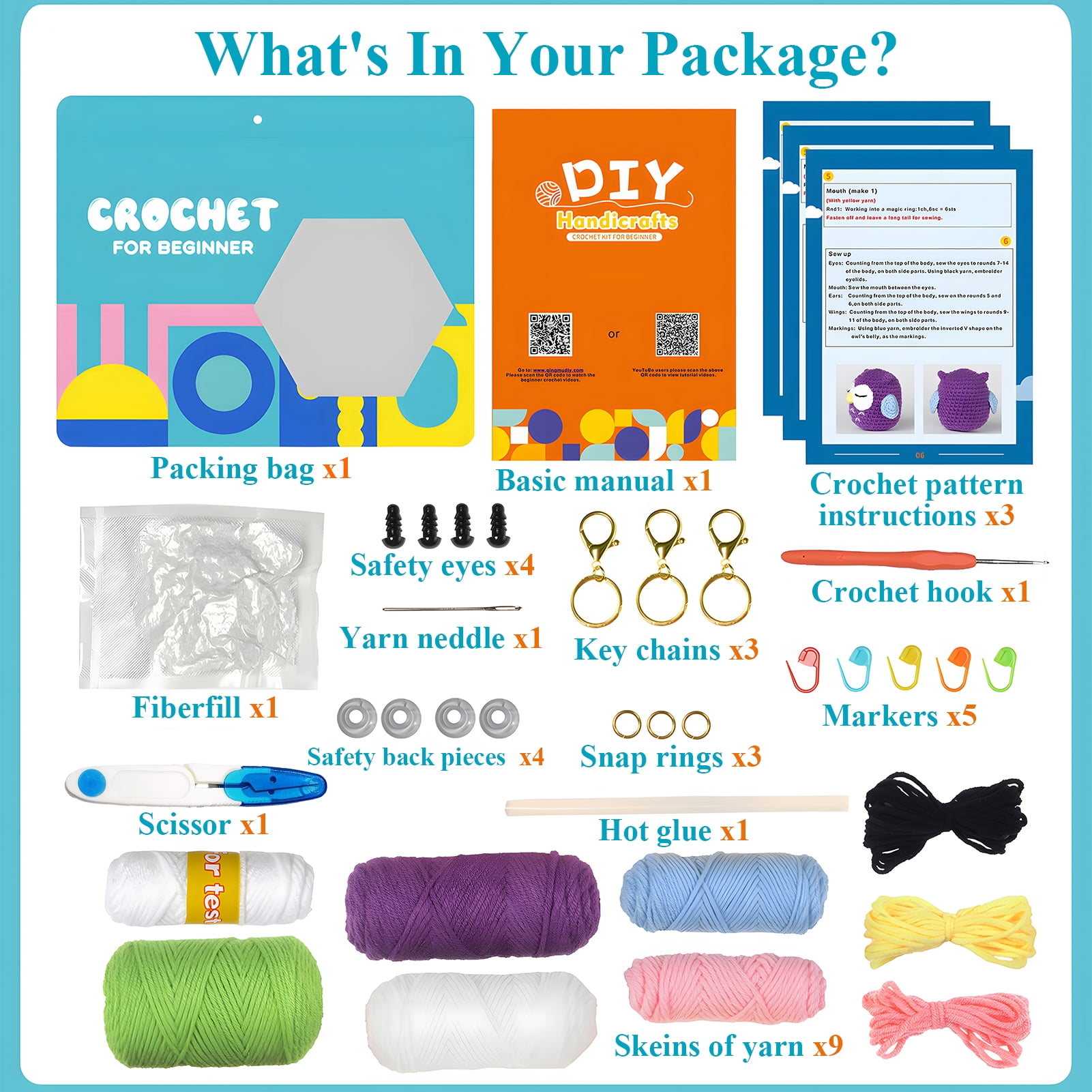 Yalumo Crochet Kit for Beginners, Crochet Starter Animal Kits for Adult and Kids with Step-by-Step Video Tutorials and Yarns, Hook, Accessories