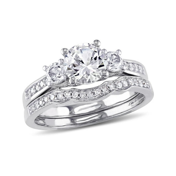 1 1/3 Carat (Ctw) Lab-Created White Sapphire with Diamond Bridal Wedding Set Engagement Ring in 10K White Gold for Women