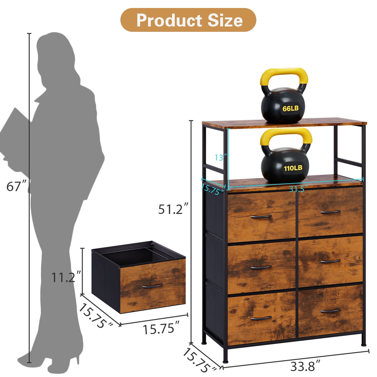 File Storage Cabinet with Adjusted Size 6 Drawers,4 Wheels Vertical Wood File Cabinet for Hanging A4/F4/Letter/Legal Rustic Brown