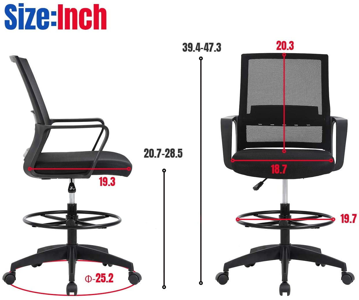 BestOffice Tall Drafting Office Chair, Lumbar Support, Adjustable Arms, Swivel Rolling for Adults(Black)