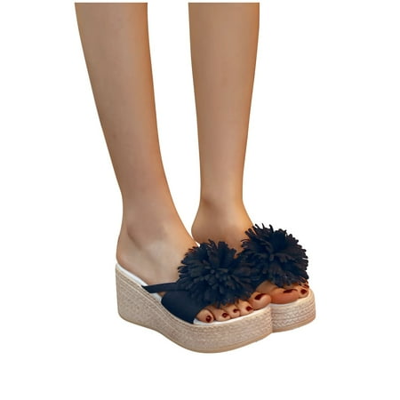 

Cathalem Bottom Platform Spring Ladies Fashion Flowers And Heels Thick Slippers Slope Fabric Womens Slip on Sandals Size 8 1/2 Black 8.5