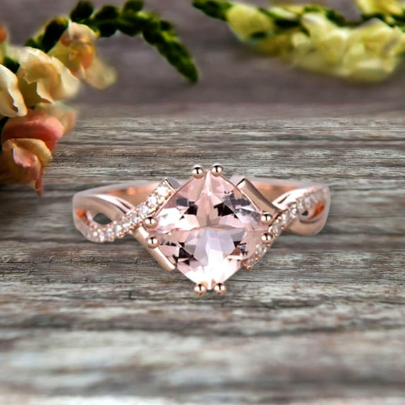 1.8 Carat 7mm Cushion Cut Morganite Engagement Ring Infinity Twisted Curved Promise Ring On 10k Rose Gold