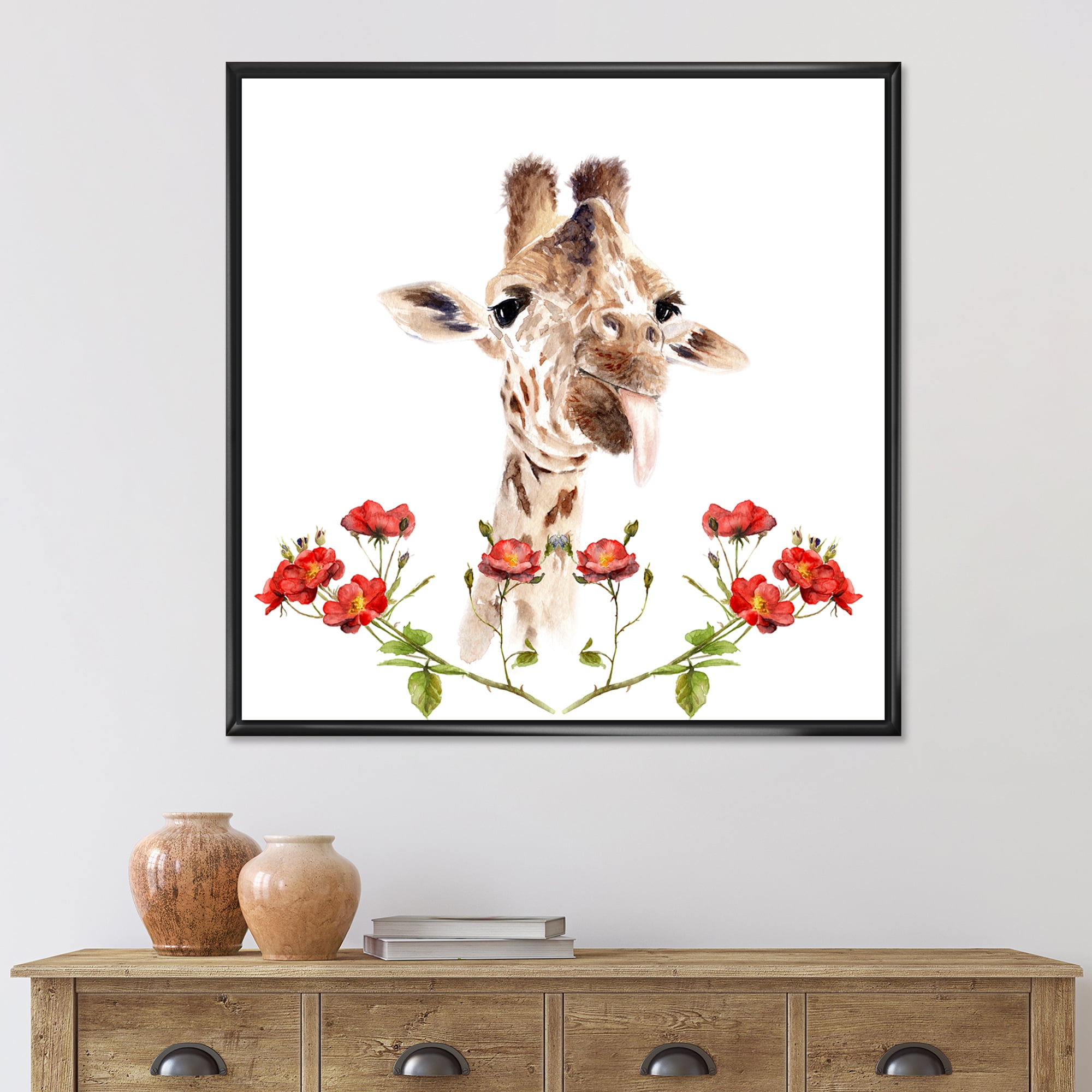 Designart 'Portrait of A Giraffe With Red Flowers I' Farmhouse Framed Canvas Wall Art Print