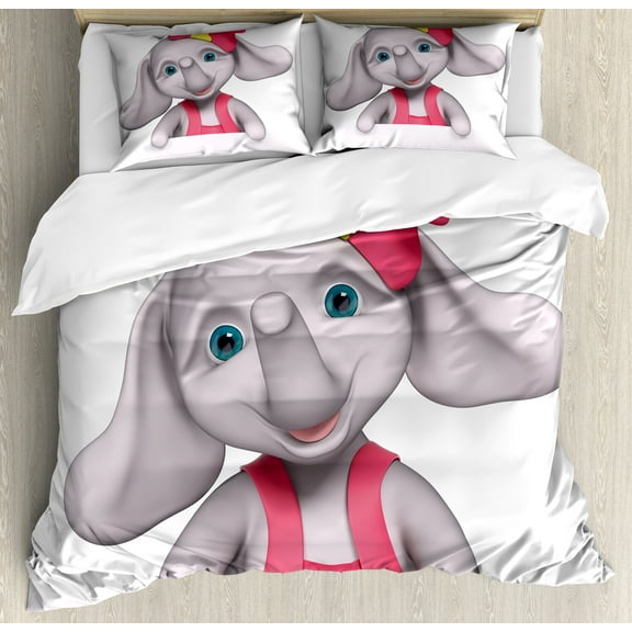 Animal Cartoon Duvet Cover Set, Cheerful Girl Smiling 3D Style Happy Print, Decorative 3 Piece Bedding Set with 2 Pillow Shams, King Size, Yellow Grey Pink, by Ambesonne