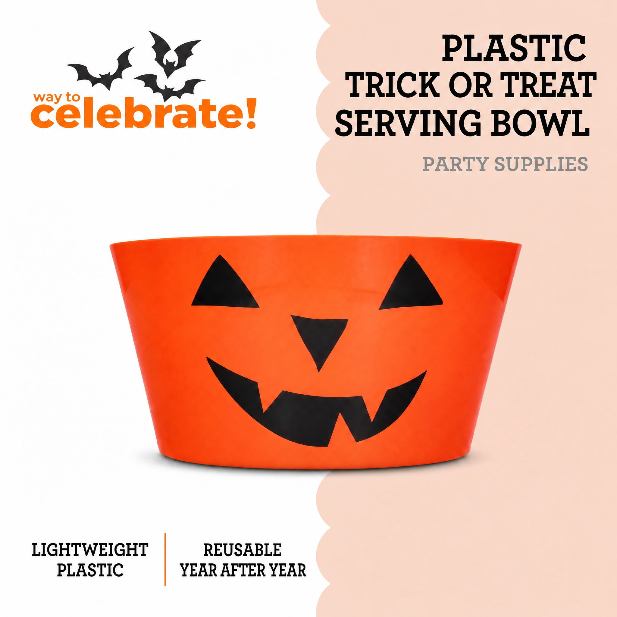Large Plastic Jack-o'-Lantern Serving Bowl, Orange, 11.1", Halloween by Way To Celebrate