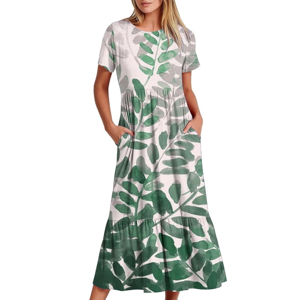 Vestido de Manga Corta para Mujeres Vestido de Verano de Cuello Redondo Impreso, Poliéster de Tamaño Verdadero Diario Y Vestido de Fiesta