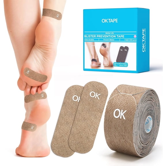 OK TAPE Blister Prevention Tape, 100 Pcs, Moleskin for Blisters, No-Residue Blister Bandages for Feet & Body, Heel Patches, 1.2in X 3.5in Precut Strips - Brown