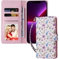 thumbnail image 5 of Wallet Case for iPhone 12/iPhone 12 Pro 6.1 inch, PU Leather Phone Case Kickstand RFID Blocking Flip Case Card Slots Wrist Strap Relief Engraved Pattern Magnetic Closure Folio Case - Butterfly, 5 of 14