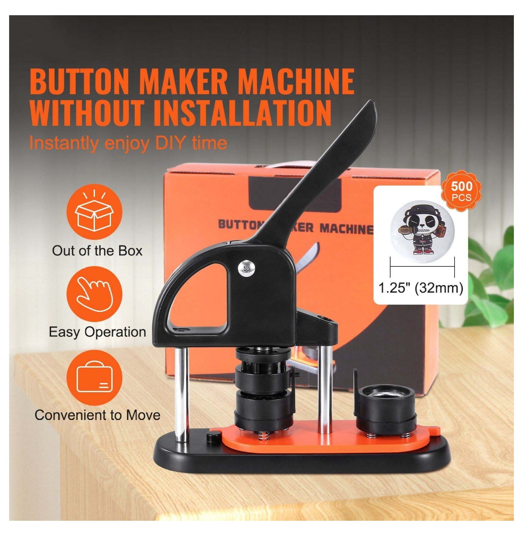 Button Maker 1.25 Inch - 32mm Pin Making Kit with 500 Parts, Ergonomic Handle - DIY Badge Machine for Kids Crafts, Gifts, Christmas Projects