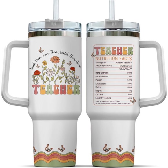 Teacher Wildflower Retro Vintage Nutrition Facts, Tumbler 40 Oz With Handle Lid And Straw, Teacher Gifts, Stainless Music Teachers Floral Gift Coffee Water Flower Cups Funny