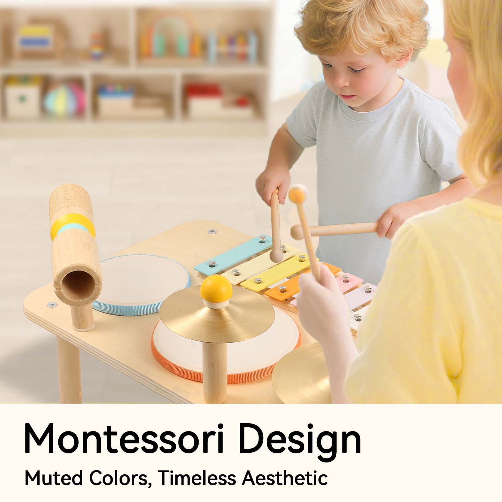 OATHX Kids Drum Set, Montessori Musical Instruments for Toddlers, Wooden Musical Toys for Baby, Preschool Educational Xylophone Drum Kit