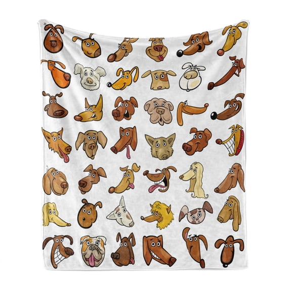 Dog Soft Flannel Fleece Blanket, Composition of Different Funny Dog Heads Puppy Canin Irish Humorous Cartoon, Cozy Plush for Indoor and Outdoor Use, 50" x 70", White Yellow Chocolate, by Ambesonne